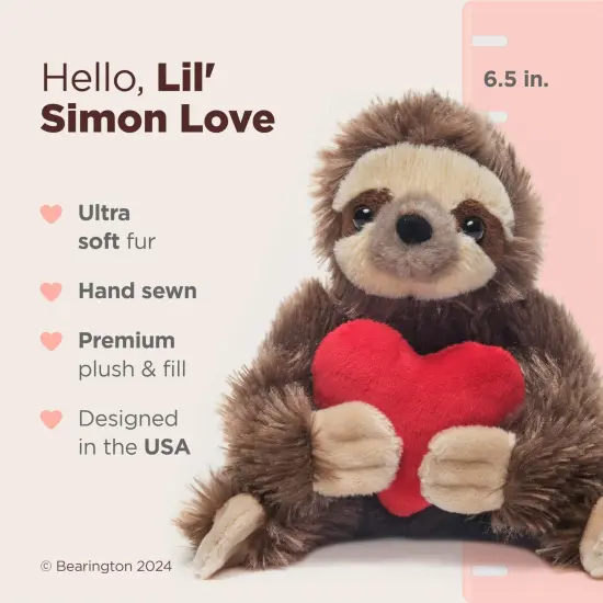 Bearington Lil' Simon Love The Sloth Valentine's Day Stuffed Animal, 6.5 Inch Sloth Plush, Ideal for Valentine's Gift for Kids, For Ages 3-14 Brown {2}