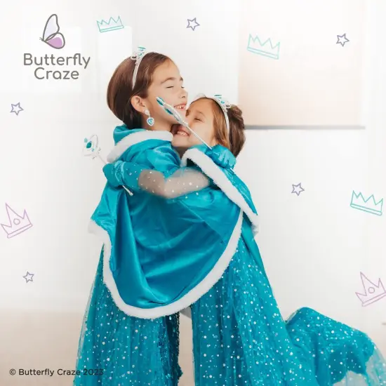 Butterfly Craze Snow Princess Kids Cape with Hood - A Gorgeous Ice Blue Children's Warm Winter Wrap Shawl Perfect for your Toddler's Adventure, Pretend Play & Dress up Costume, Cape Only, L 5-6yrs {7}