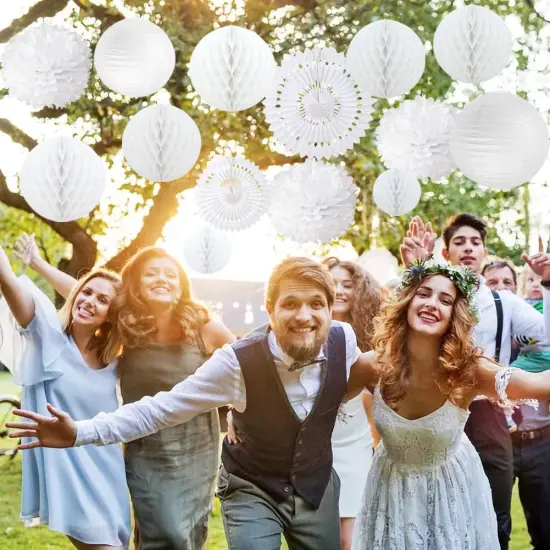 14 PCS White Honeycomb Decorations Paper Lanterns Party Decoration Kit Hanging Tissue Pom Poms Flowers White Paper Fans for Wedding Engagement Birthday Baby Bridal Shower Party Decoration Easy Joy {3}