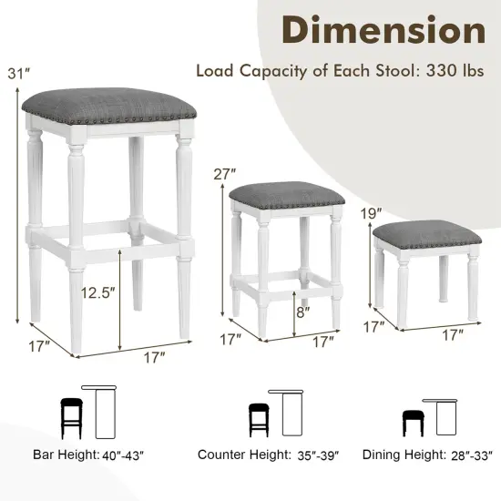 Costway 3 Heights Saddle Stool Set of 2 Square Kitchen Island Stool with Footrests {3}