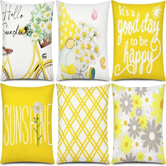 Summer Yellow Pillow Covers 18x18 Set of 6 Decorative Gnome Daisy Flower Throw Pillow Cover for Couch Modern Farmhouse Cushion Cover for Living Room Outdoor Patio Home Decor {1}
