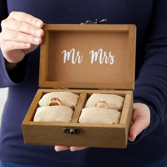 Juvale Wooden Two Become One Ring Bearer Box with Two Become One Design - Brown Burlap Pillow Lining - Wedding Ring Box for Ceremony, Anniversaries, and Marriage Renewal (6 x 4 x 2 In) {3}