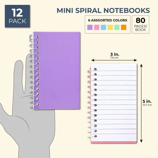 Paper Junkie 12-Pack Small Spiral Notebook 3x5, 40 Sheets, 80 Pages Per Notepad, College Ruled Lined Paper for Office Supplies, Classroom Notes, Students, Teachers, Nurses (6 Pastel Colors) Multicolor {7}