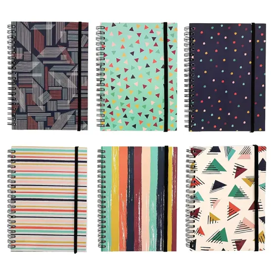 6 Pack 5x7 Spiral Notebooks with Pocket - Small Lined Journals with Elastic Closure for School, Work (6 Designs) Multicolor {6}