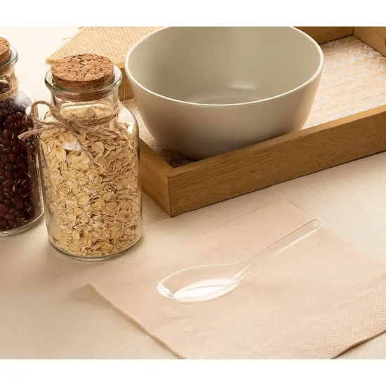 200 Pack Disposable Chinese Soup Spoons, Clear Plastic Asian Utensils for Appetizers, Ramen, Pho (4.5 x 1.2 In) White {2}