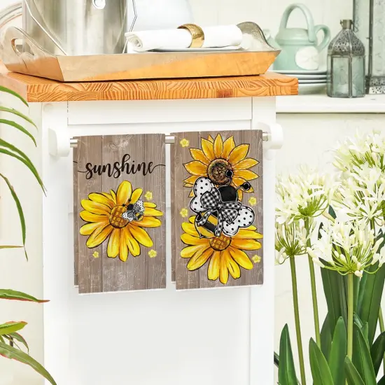 Artoid Mode Wood Sunflowers Bee Sunshine Spring Kitchen Towels Dish Towels, 18x26 Inch Farmhouse Summer Floral Decoration Hand Towels Set of 2 {4}