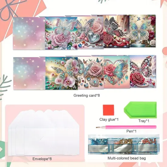 8pcs Flower Butterfly Diamond Art Painting Greeting Card, 5D DIY Special Shape Diamond Painting Christmas Birthday Mother's Day Father's Day Teacher's Day Greeting Card Creative Gifts {3}