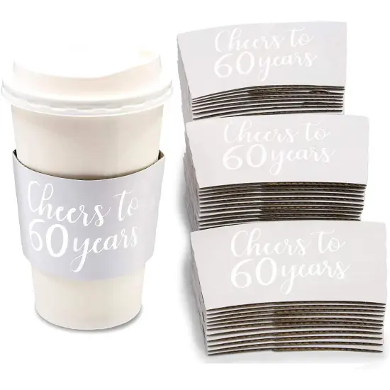Cheers to 60 Years Coffee Cup Drink Sleeves for 60th Anniversary or Birthday, Fits 12-16 oz Cups, Fits 12-16 oz (Silver Foil, 50 Pack) {1}