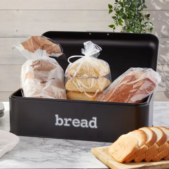 Stainless Steel Bread Box for Kitchen Countertop, Large Black Bin for 2 Loaves, English Muffins, Baked Goods Storage Containers (16.75x9x6.5 In) {3}
