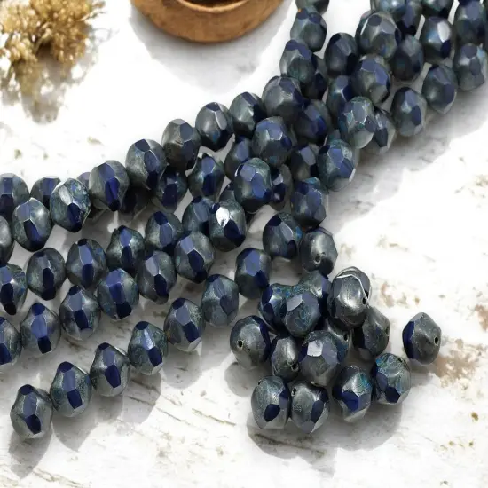*16* 9mm Navy Blue Picasso Central Cut Round Beads {2}