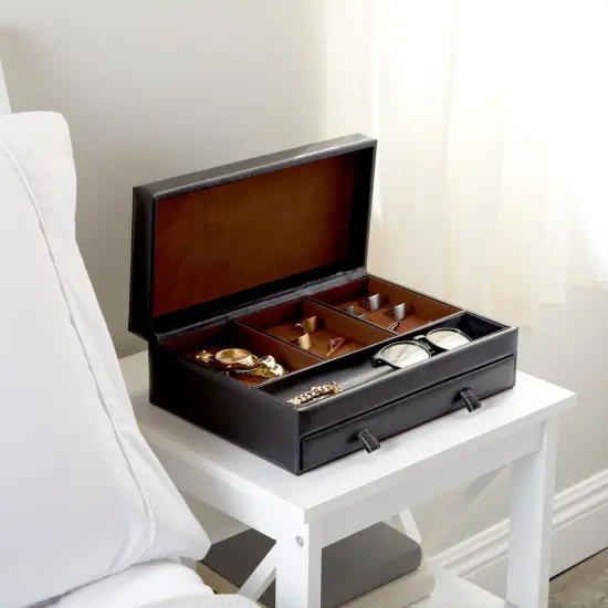 Faux Leather Mens Jewelry Box Organizer, Valet Tray for Watches (Black, 12.6 x 9 x 4 In) {5}