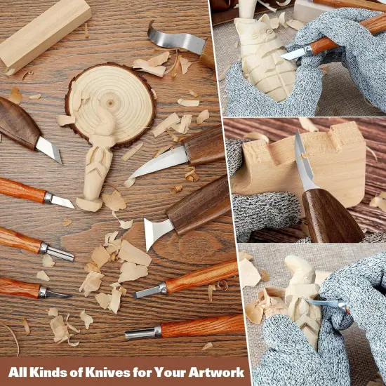 Wood Carving Tools, 15Pcs Wood Carving Kit with PU Storage Bag, Wood Whittling Kit with 6Pcs Whittling Knives & 5 Detail Carving Knives for Adults Wood Carving DIY {4}