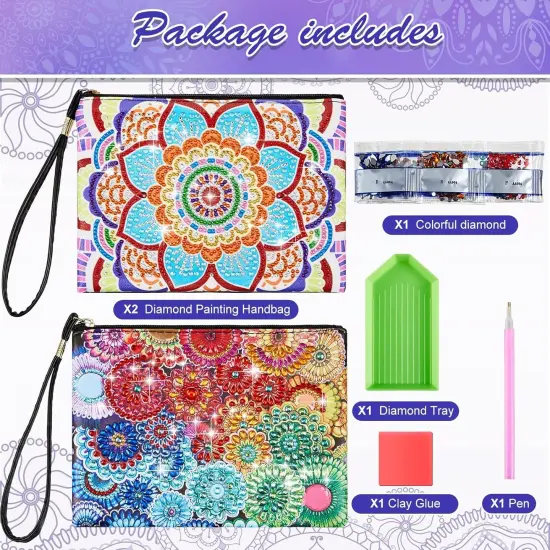 2 Pcs Diamond Painting Purses 5D DIY Diamond Painting Handbag Art Wristlet Clutch Bag for Women Makeup Gift (Elegant) {2}