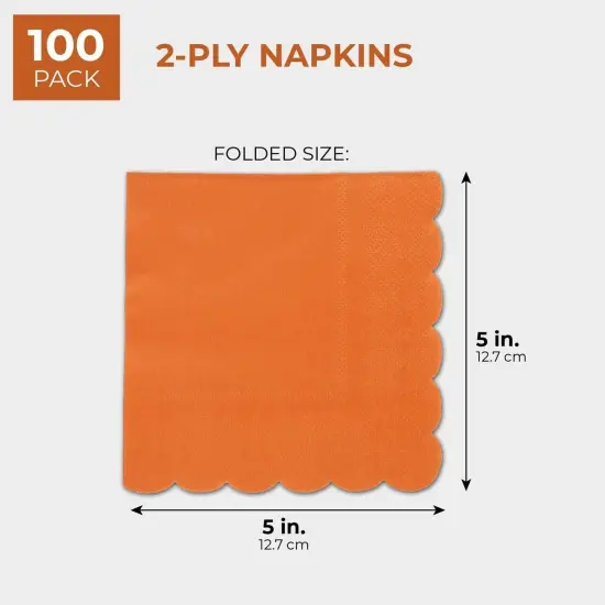 100 Pack Orange Paper Napkins - Scalloped Fall Cocktail Napkins, Disposable for Wedding, Birthday Party (5x5 In) {3}