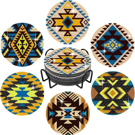 6 Pcs Diamond Painting Coasters with Holder, Aztec Diamond Art Coasters DIY Coaster Diamond Art Kits for Beginners, Adults & Kids Small Diamond Painting Kits Accessories {1}