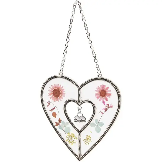 Metal Hanging Heart Suncatcher with Pressed Flowers for Window and Home Decor, 4.5 x 8.25 in. Pink {6}