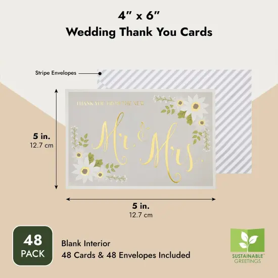 48 Pack Thank You From The New Mr and Mrs Cards for Wedding, Bulk Gold Foil Cards with Decorative Striped Envelopes, Blank on the Inside (4 x 6 In) Multicolor {4}