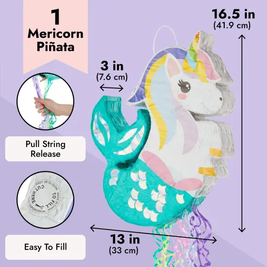 Unicorn Mermaid Pinata - Pull String Pinata for Girls Under the Sea Party Decorations, Rainbow Birthday (Small, 16.5x13x3 In), For Ages 3+ Blue {3}