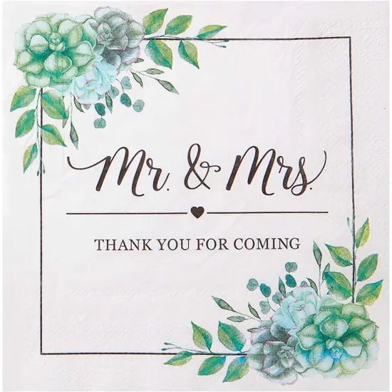 Succulent Floral Mr. and Mrs. Paper Napkins for Wedding (6.5 x 6.5 x 0.01 inches, 100 Pack) White {5}