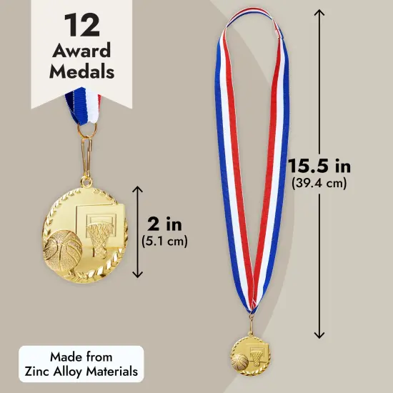 12 Pack Basketball Medals for Kids and Adults, Team Participation Trophies, Awards, Party Favors, Red, White, and Blue Stripes 15.5" Ribbon (2 in, Metal, Gold) {5}