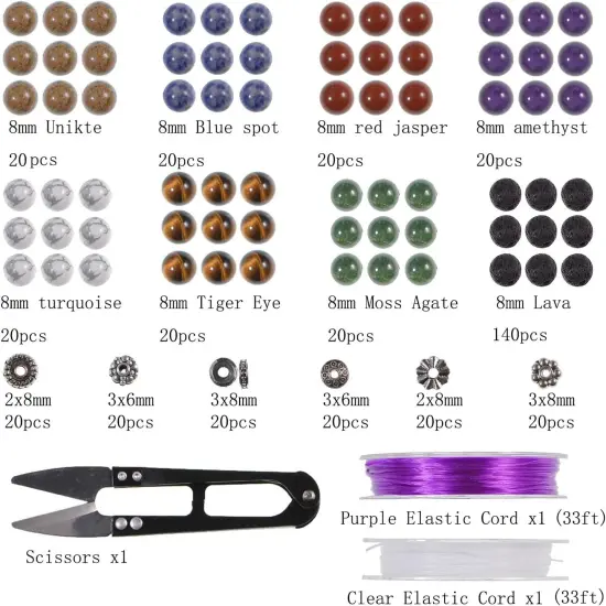 Natural Stone Beads Box Set Kits 8mm Round Loose Gemstone Natural Amethyst Lave Stone Assorted Color with Accessories Tools for Bracelet Jewelry Making (100% Natural Stone Beads Kit 1) {2}