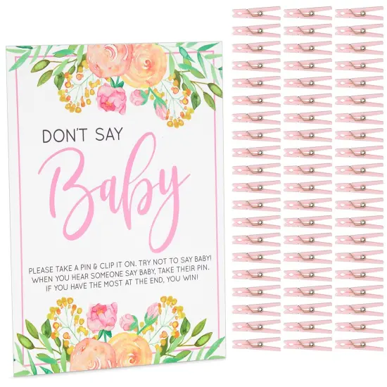 Floral Baby Shower Clothespin Game For Girl, Don't Say Baby Theme with 60 Pink Clothes Pins and 8x10-Inch Sign {1}