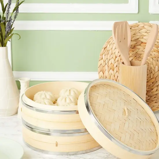 2-Tier 10 Inch Bamboo Steamer Basket with Steel Rings - Large Capacity Dumpling, Vegetable Steamer Basket (10x6.5x10 In) Brown {2}