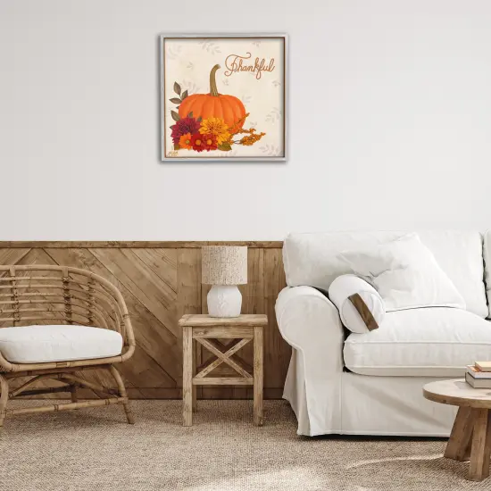 Thankful Pumpkin & Florals Framed Giclee Art Gray {2}