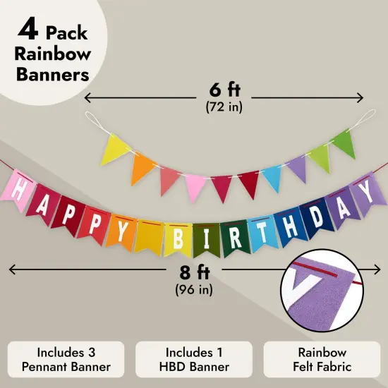 8 Feet Rainbow Happy Birthday Banner with 3 Colorful Felt Pennant Flag Banners (6 Feet) for Party Decorations Multicolor {4}
