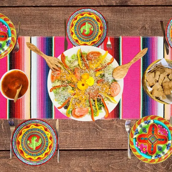 Mexican Table Runner, Mexican Fiesta Party Decorations 14"x84" Fiesta Table Runner Cinco De Mayo Party Decorations Boho Colorful Striped Runner Cotton Blanket Mexican Theme Home Party Decor, Hot Pink {3}