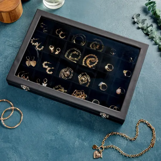 Black Velvet Jewelry Display Tray Organizer Case, Rock Collection Box for Gemstones, Crystals, Pendants (24 Grids Box, 14 x 9.5 x 2 In) {2}