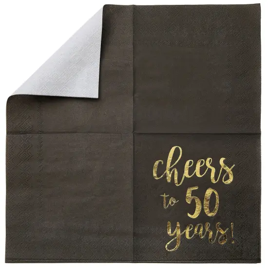 BLUE PANDA 50 Pack Cheers to 50 Years Printed Cocktail Napkins for 50th Birthday and Anniversary - 3-Ply, Black & Gold Foil {6}