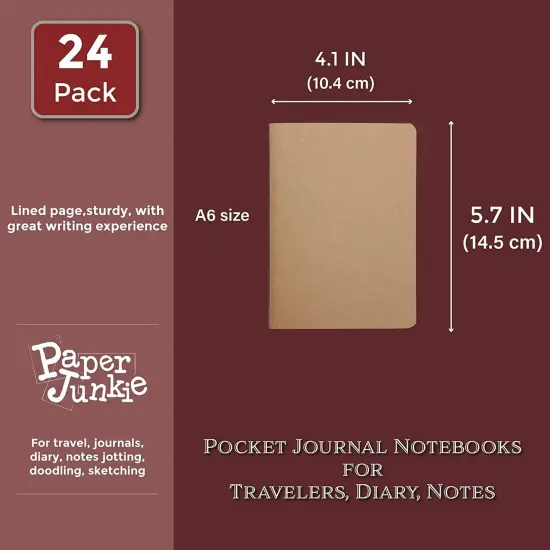 24-Pack Kraft Paper Notebooks A6 Size, 4x6 in Writing Journal with 80 Lined Pages, Notebook Set for Students, Kids, Classroom, Travel, Business, Office Supplies Brown {4}