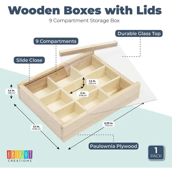 Small Unfinished Wood Box with Lid, 9 Compartment Storage Boxes (6.75 x 1.4 x 5.1 inches, 2 Pack) {3}