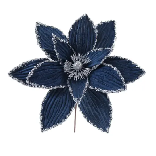 16"-Luxury Navy Velvet Magnolia Pick with Silver Glitter Trim {1}