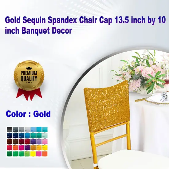 1 Piece Gold Sequin Spandex Chair Cap 13.5 inch by 10 inch Banquet Decor {1}