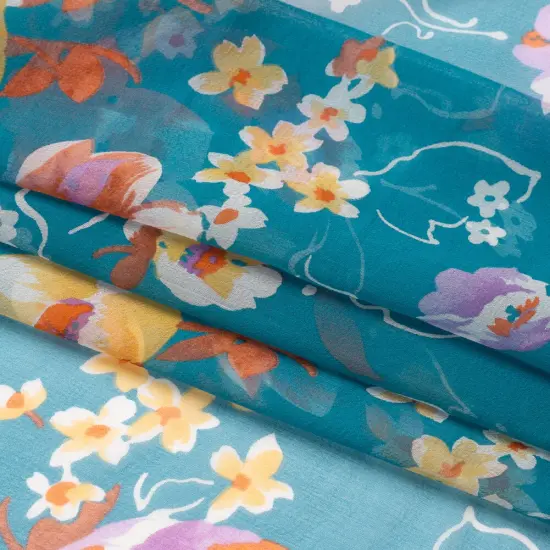1 Yard Teal Orange & Purple Floral Silk Chiffon Fabric For Elegant Draping, 54 Inches Wide {3}