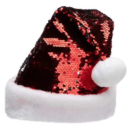 Northlight 15" Red and Silver Reversible Sequined Christmas Santa Hat with Faux Fur Cuff {5}