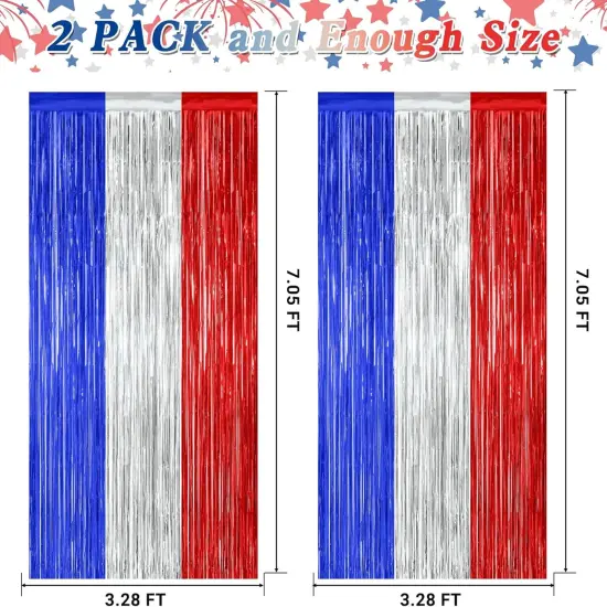 2 Pack 4th of July Party Supplies, 3.28 FT x 7.05 FT 4th of July Tinsel Backdrop, Blue Silver Red Color Fringe Curtains Streamer Backdrop, 4th of July Photo Backdrop Party Decorations {2}