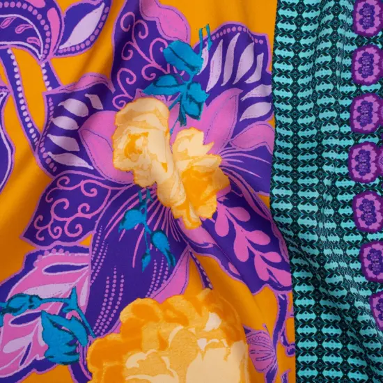 1 Yard Golden Yellow Purple Teal Silk Charmeuse Print Floral Abstract Stripes Made in Italy Width 53" {1}