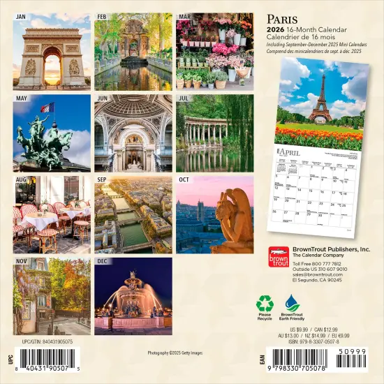 Paris | 2026 7 x 14 Inch (Hanging) Monthly Mini Wall Calendar | English/French Bilingual {2}