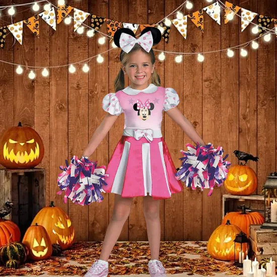 Girls Minnie Cheerleader Costume Pink Dress with Pom Poms and Headband Halloween {1}