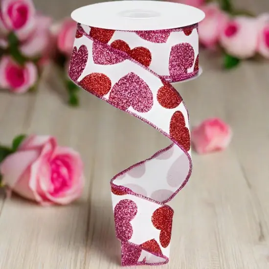 1.5" Bold Glitter Hearts Royal Ribbon: White (10 Yards) {3}