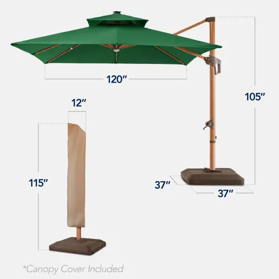 Best Choice Products 10ft Square Woodgrain Pattern 2-Tier Outdoor Solar LED Cantilever Umbrella w/ Base Green {2}