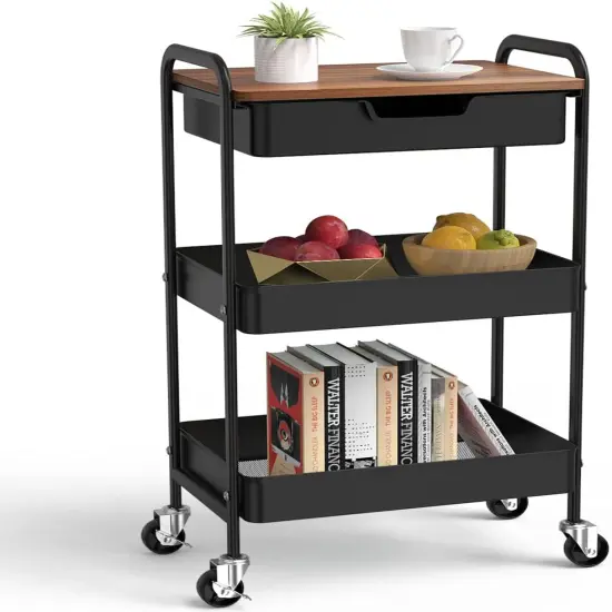 3 Tier Rolling Cart with Drawer, Metal Utility Cart on Wheels Storage Cart {1}