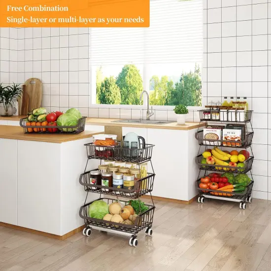 4 Tier Stackable Metal Wire Baskets Cart with Rolling Wheels {2}