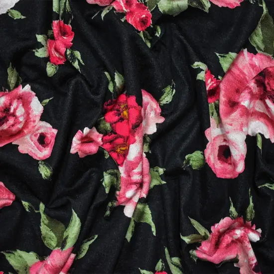 Black-Pink-Multi Cotton Floral Printed Stretch Spandex Jersey Knit Fabric By the Yard {4}