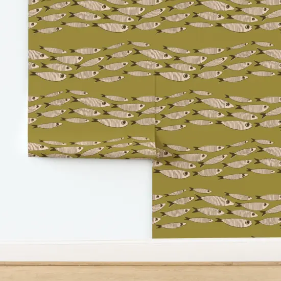 Pre-Pasted Wallpaper 2FT Wide Swimming Fish Mid Century Retro Large Scale Vintage Olive Green Backsplash Fishing Custom Pre-pasted Wallpaper by Spoonflower {2}
