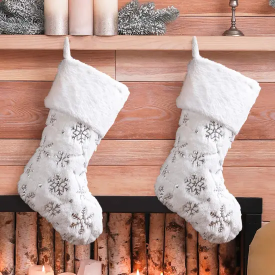 White Plush with Snowflake Christmas Stockings & a tree skirt 2pk Stocking {1}