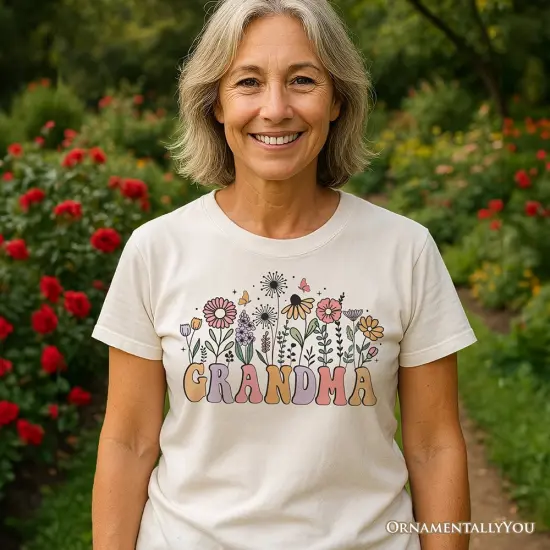 Retro Flowers Grandma T-Shirt, White Floral Tee Gift for Mothers Day {5}